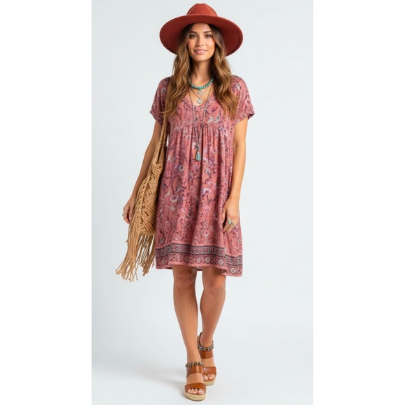 Knox Rose Dresses & Skirts - Knox Rose Pink Floral Boho Babydoll Dress Short Sleeve V-Neck Tiered Mini Size M